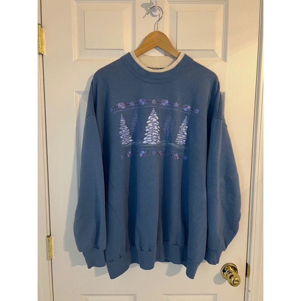 Unbranded Winter Pine Tree Snowflake Graphic Blue Oversized Sweatshirt